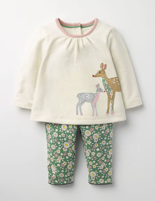 Baby Boden Deer Applique Top Leggings Set in Ivory Green