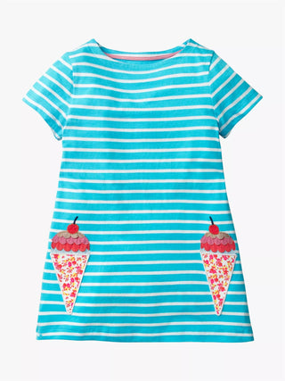 Mini Boden Girl's Stripy Applique Pocket Tunic in Corsica Blue/White