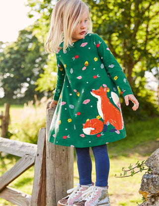 Mini Boden Girl's Long Sleeve  Big Applique Jersey Dress in Forest Green Fox