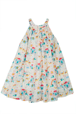 Frugi Girl's Sleeveless Printed Floaty/Twirly Tabitha Trapeze Dress in Ivory/Mlt