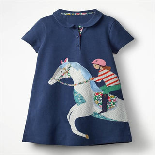 Mini Boden Girl's Polo Collar Applique Dress in Navy Unicorn Rider