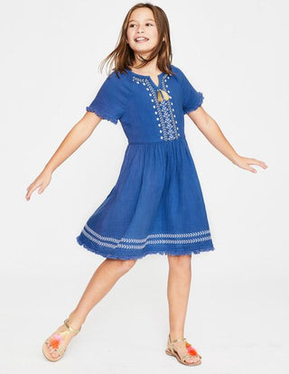 Mini Boden Girl's Fringe Detail Woven Dress in Duke Blue