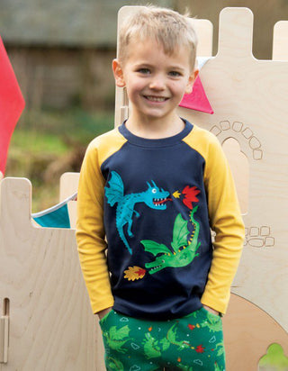 Frugi Boy's Long Sleeve Applique Alfie Raglan Sleeve Top in Indigo/Dragon