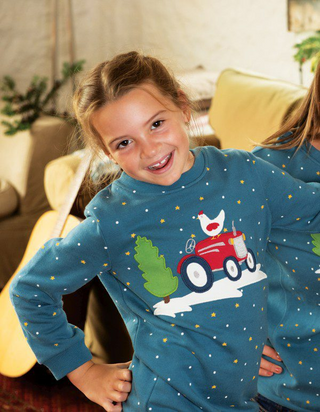 Frugi Girl's Festive Applique Eloise Jumper Dress in Teal/ Night Sky