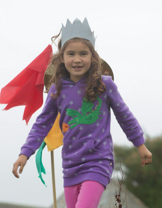 Frugi Girl's Harriet Hoody Dress in Thistle Star/Dragon