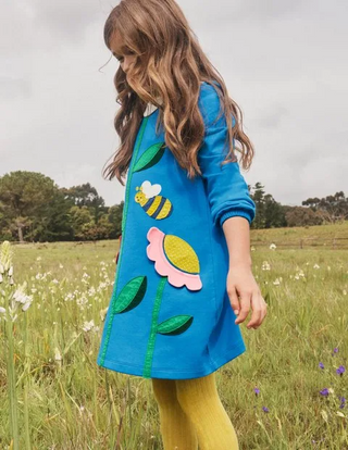 Mini Boden Girl's Big Flower Appliue Dress in Blue