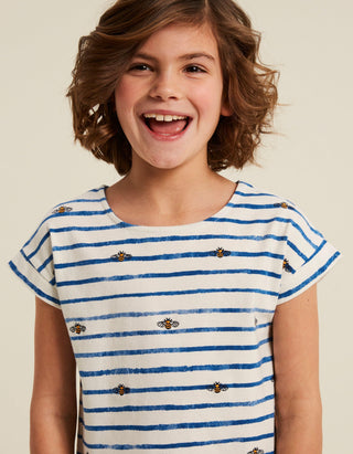Fat Face Girl's Natural Bee Stripe Graphic T-Shirt in Ivory/ Blue Stripe