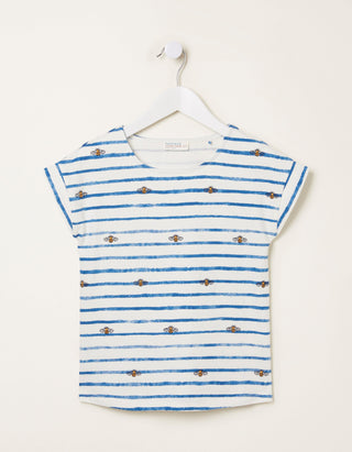 Fat Face Girl's Natural Bee Stripe Graphic T-Shirt in Ivory/ Blue Stripe