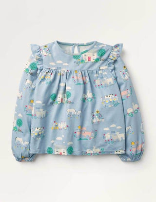 Mini Boden Girl's Flotty Printed Ruffle Top in Farmhouse Blue