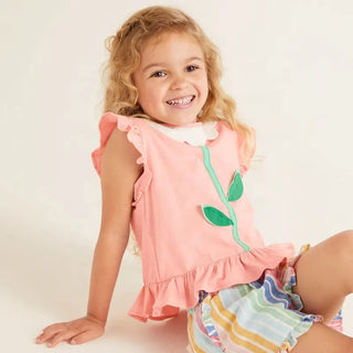 Mini Boden Girl's Sleeveless Flutter Floral Applique T-Shirt in Blossom Pink
