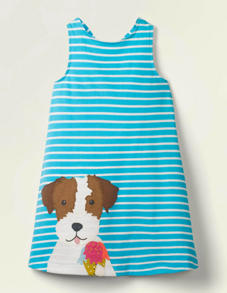Mini Boden Girl's Applique Jersey Dress in Corsica Blue/White Dog