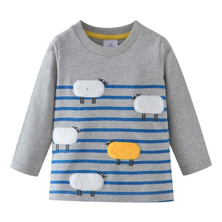 Baby Boden Lamb Sheep Applique Stripe Top in Grey