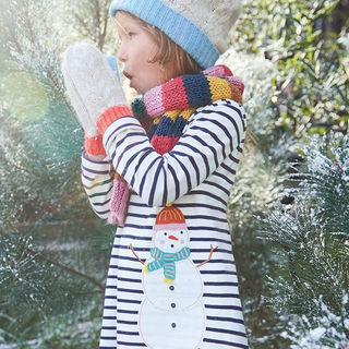 Mini Boden Girl's Stripe Festive Tunic in Ivory Jolly Snowman