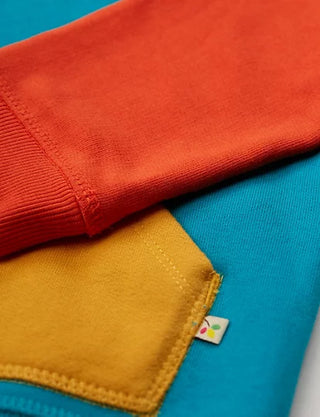 Frugi Boy's Long Sleeve Pullover Ben Colour Block Embroidered Hoodie in Multicolour