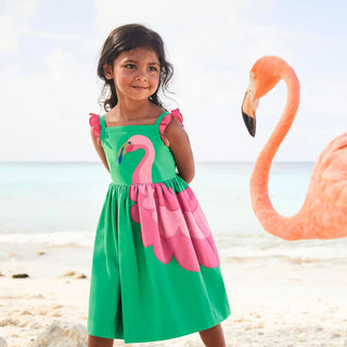 Mini Boden Girl's Flamingo Embellished Frill Sleeve Dress in Emerald Green
