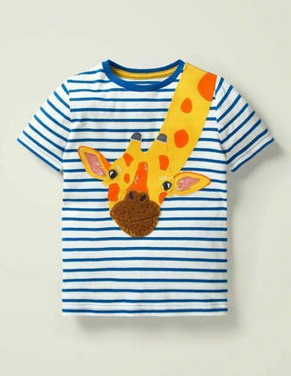Mini Boden Boy's Wild Animal Applique T-shirt in Bold Blue/ White Giraffe
