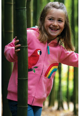 Frugi Girl's Zip Up Applique Dorothy Hoody in Mid Pink/Parrot