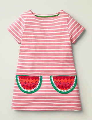 Mini Boden Stripy Applique Pocket Tunic in Pink Watermelon