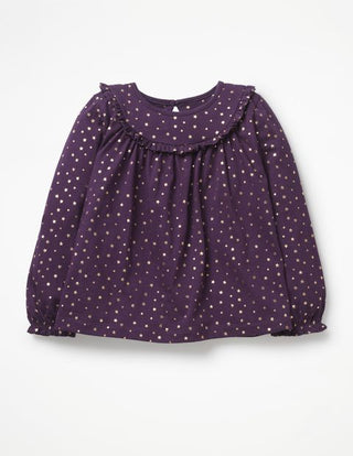 Mini Boden Girl's Sparkle Star Print Ruffle Detail Neck Top in Purple