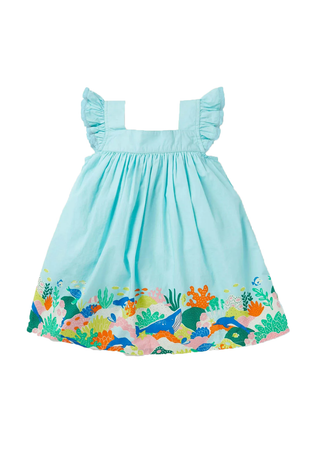 Baby Boden Woven Coral Scene Dress in Georgian Blue Coral Reef