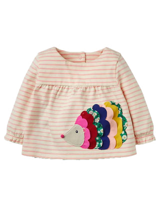 Baby Boden Hedgehog Applique Long Sleeved Top in Pink/Green