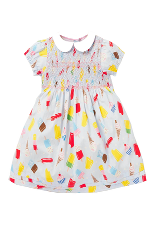 Baby Boden Nostalgic Smocked Woven Dress in Provence Blue Ice Creams