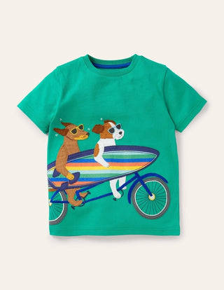 Mini Boden Boy's Applique Dude T-Shirt in Sapling Green Surfing Dogs (Slightly Defect)