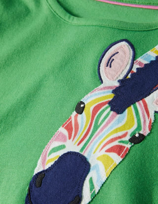 Mini Boden Applique Front & Back T-Shirt in Green Zebra