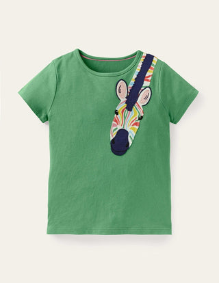 Mini Boden Applique Front & Back T-Shirt in Green Zebra