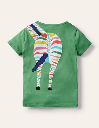 Mini Boden Applique Front & Back T-Shirt in Green Zebra