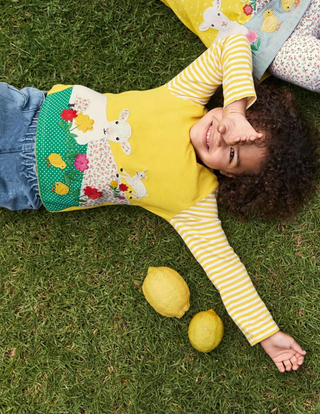 Mini Boden Girl's Applique Hotchpotch T-Shirt in Yellwo Lalma