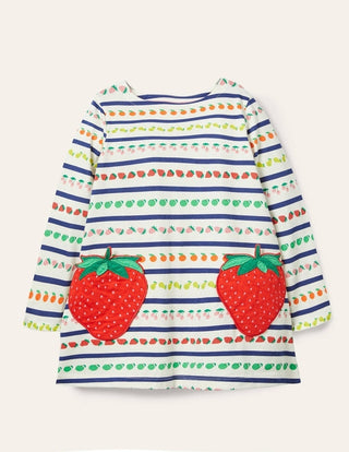 Mini Boden Girl's Applique Pocket Tunic in Ivory Multi Fruit Stripe