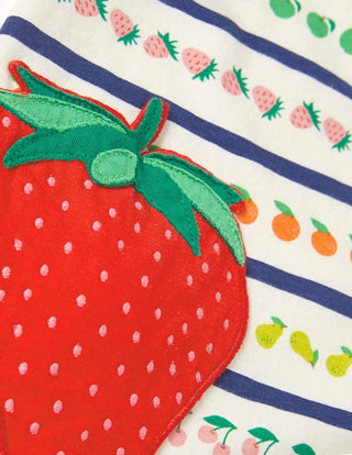 Mini Boden Girl's Applique Pocket Tunic in Ivory Multi Fruit Stripe