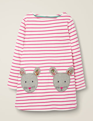 Mini Boden Girl's Stripe Pocket Tunic in Ivory Pink Stripe