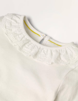 Mini Boden Girl's Broderie Collar Jersey Top in Ivory