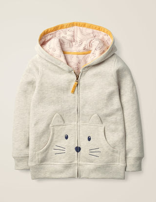Mini Boden Girl's Full Zip Cosy Cat Hoodie in Ecru