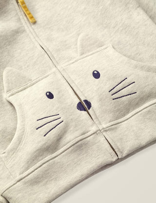 Mini Boden Girl's Full Zip Cosy Cat Hoodie in Ecru