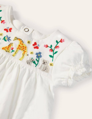 Baby Boden Embroidered Woven Top in White Jungle Friends