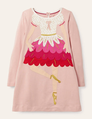 Mini Boden Girl's Long Sleeve Big Applique Festive Dress in Dusty Pink Ballerina