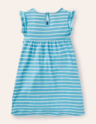 Mini Boden Girl's Frill Sleeve Applique Dress in Blue/Multi