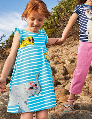 Mini Boden Girl's Frill Sleeve Applique Dress in Blue/Multi