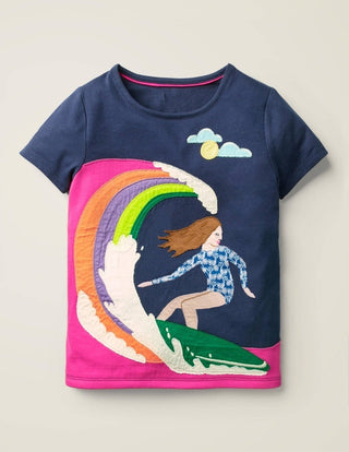 Mini Boden Girl's Fun Action Applique T-shirt in College Navy Surfing