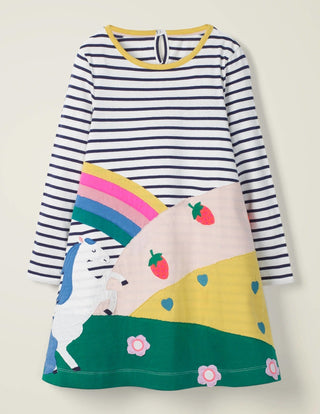 Mini Boden Girl's Horse Scene Jersey Dress in Ivory