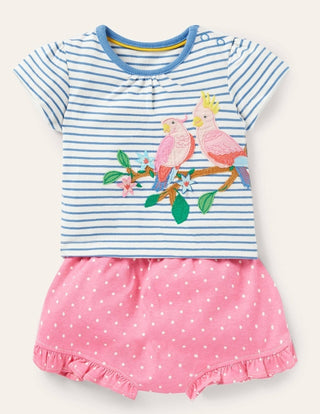 Baby Boden Bird Applique T-Shirt and Bloomers Play Set in Blossom Pink/Multi