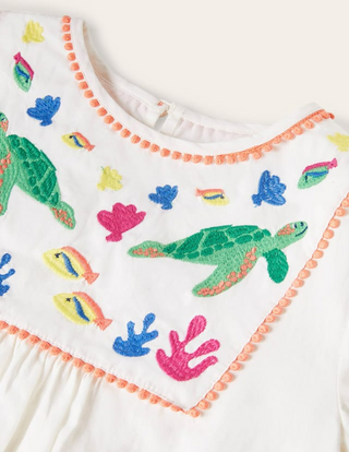 Mini Boden Girl's Long-Sleeve Embroidered Kaftan in Ivory Under The Sea