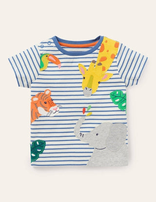 Baby Boden Peeking Animals Stripy T-Shirt in Blue