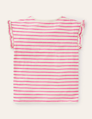 Mini Boden Girl's Pom Ruffle Sleeve Top in Ivory/ Party Pink Pineapples