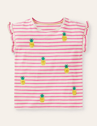 Mini Boden Girl's Pom Ruffle Sleeve Top in Ivory/ Party Pink Pineapples