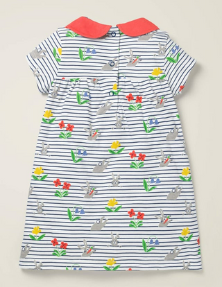 Baby Boden Printed Jersey Collared Dress in Multi Bunny Stripe