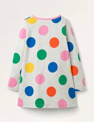 Mini Boden Girl's 3/4 Sleeve Jersey Printed Pocket Tunic Dress in Grey/Polka Dot